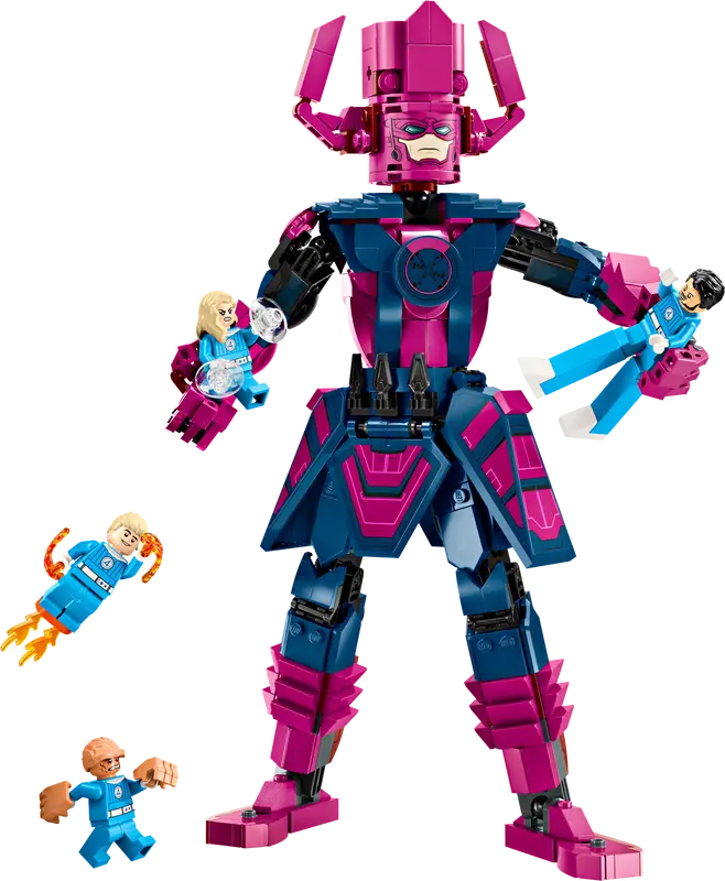 Close-up of the LEGO Galactus figure showing the magenta armor plating and the printed face tile.
