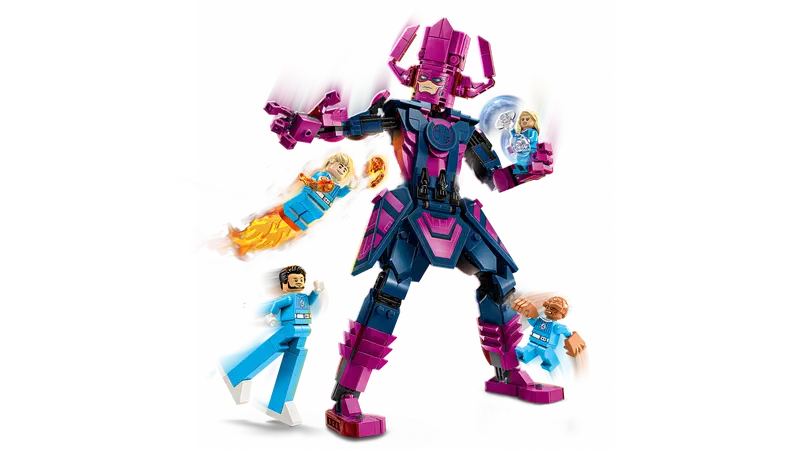 The Fantastic Four minifigures standing at the foot of the Galactus Lego figure, emphasizing the scale difference.