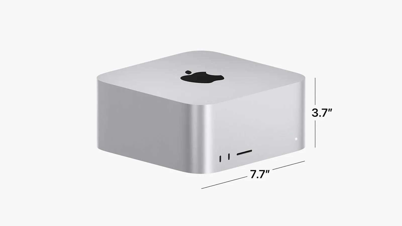 Close-up of the 2025 Mac Studio dimensions and aluminum finish.