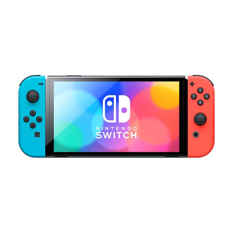 Nintendo Switch OLED unboxing showing the 7-inch vibrant display and neon Joy-Cons