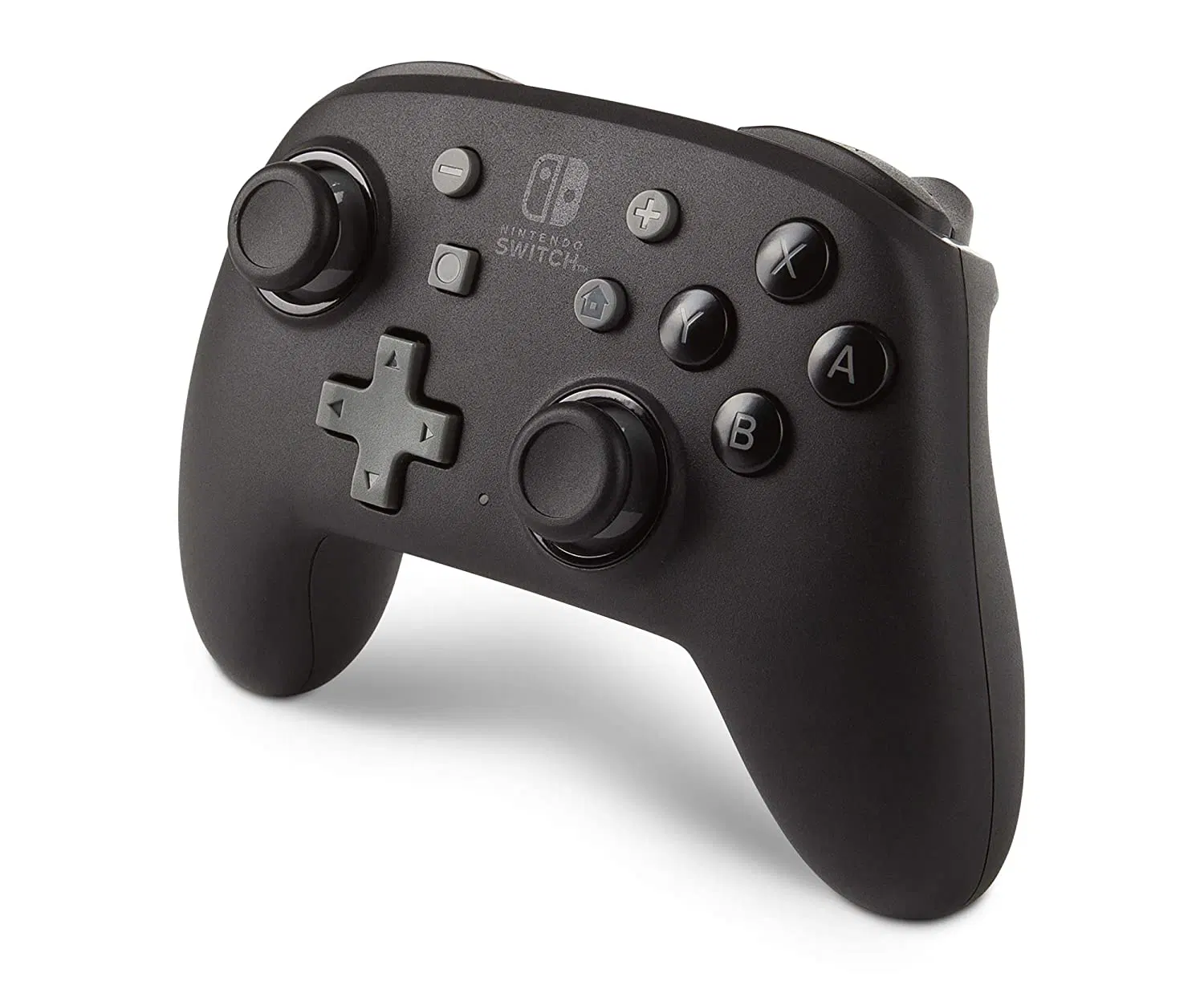 Front view of the PowerA Enhanced Wireless Controller for Nintendo Switch in black, showing the offset analog sticks, D-pad, and standard ABXY button layout with an ergonomic design similar to an Xbox controller.