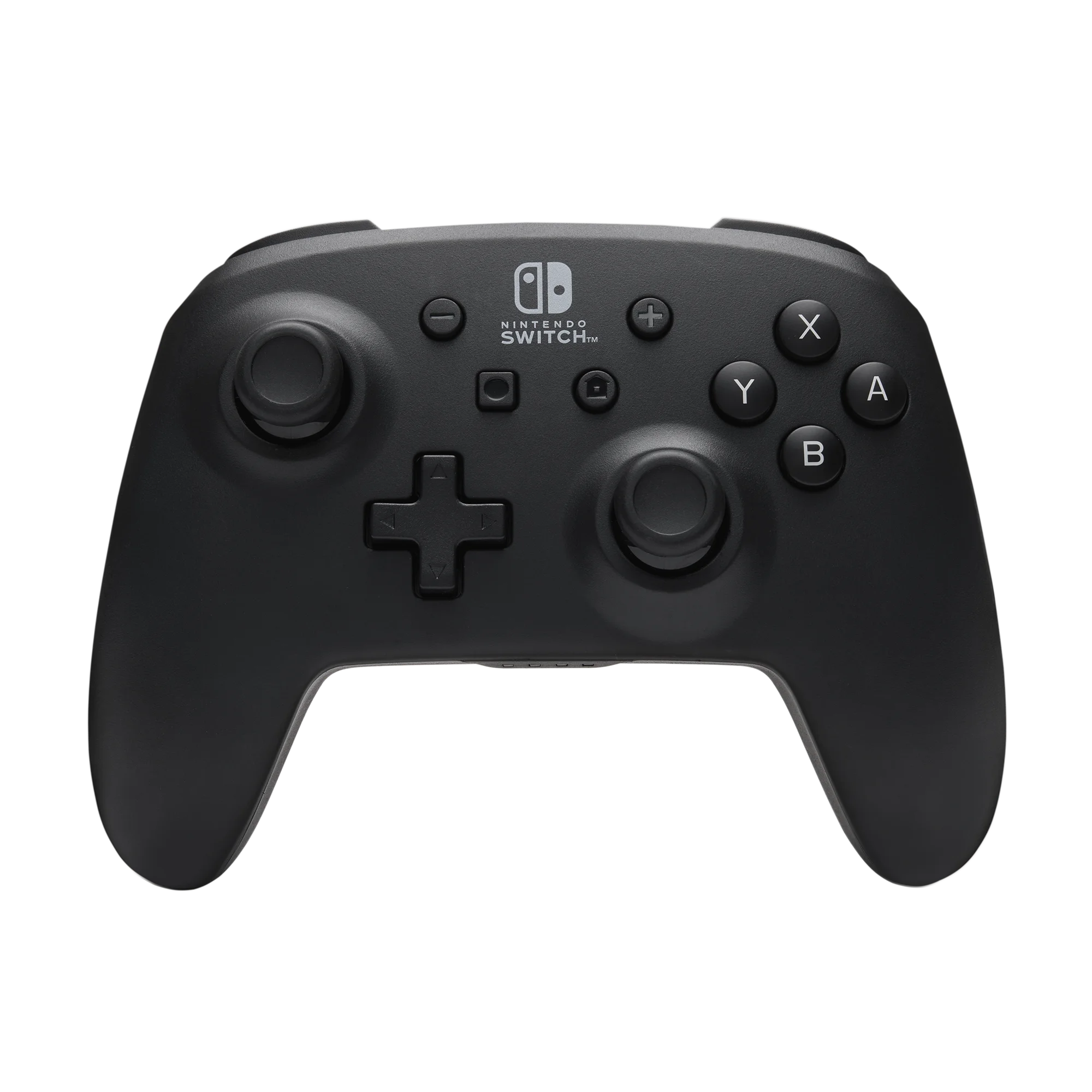 Front view of the PowerA Enhanced Wireless Controller for Nintendo Switch in black, showing the offset analog sticks, D-pad, and standard ABXY button layout with an ergonomic design similar to an Xbox controller.