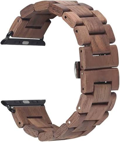 Premium walnut wooden watch strap installed on an Apple Watch showing natural grain details