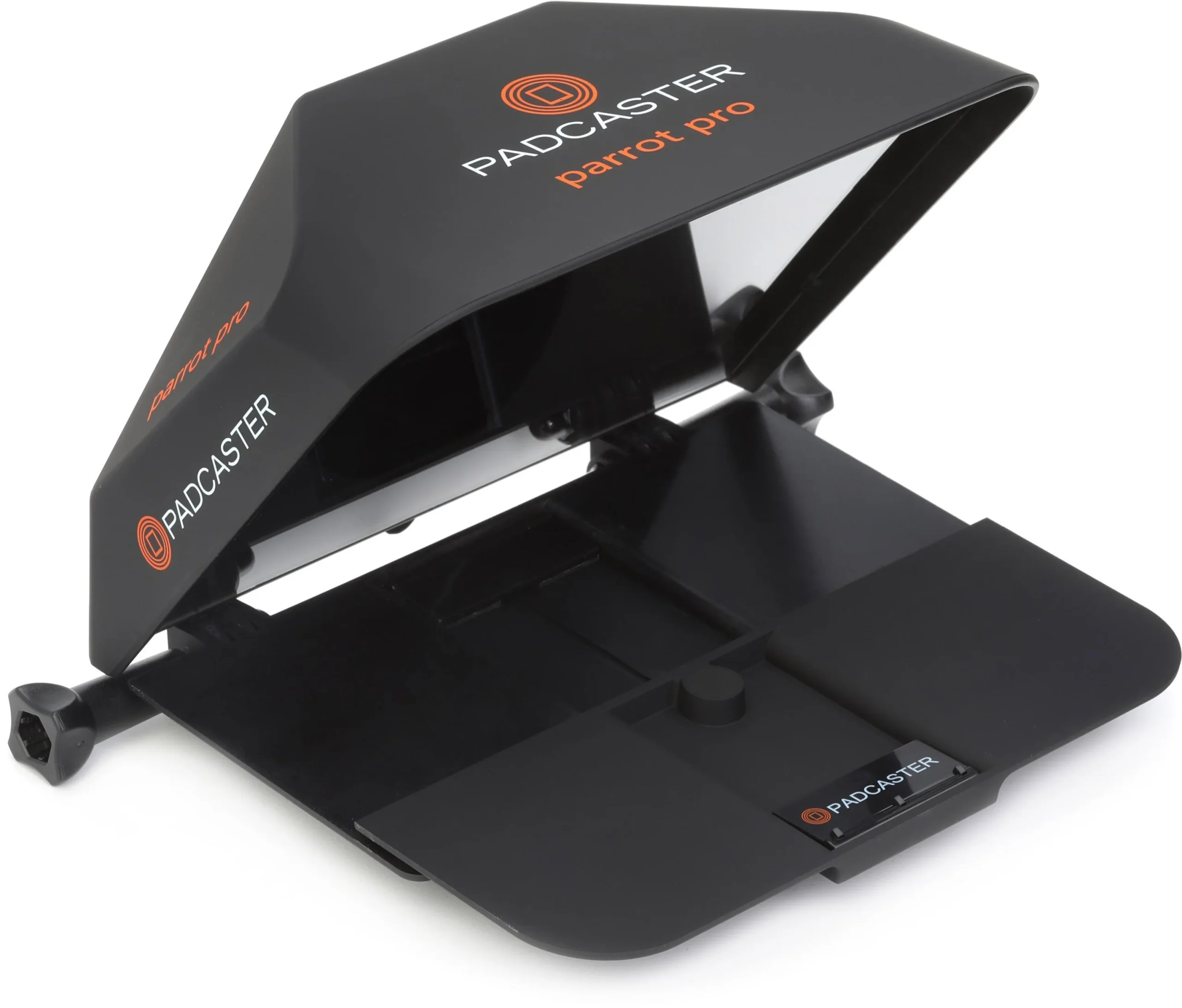 Padcaster Parrot Pro Teleprompter Kit mounted directly onto a mirrorless camera lens thread showing reflected smartphone text.