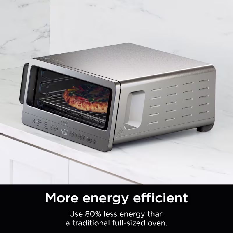Ninja SP151C Flip Toaster showing horizontal cooking layout and 90-degree upright vertical storage configuration on a kitchen countertop