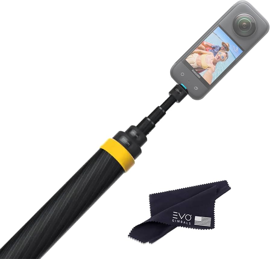 The Insta360 Extended Selfie Stick fully extended to its maximum 3-meter length, showing the tapered carbon fiber segments against an outdoor sky backdrop.