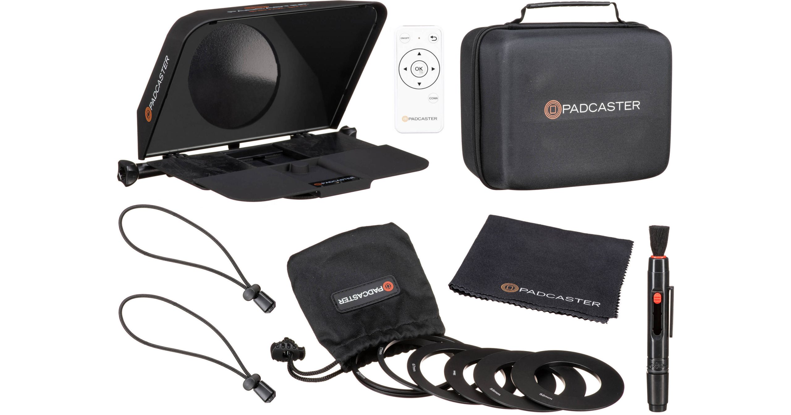 Padcaster Parrot Pro Teleprompter Kit mounted directly onto a mirrorless camera lens thread showing reflected smartphone text.