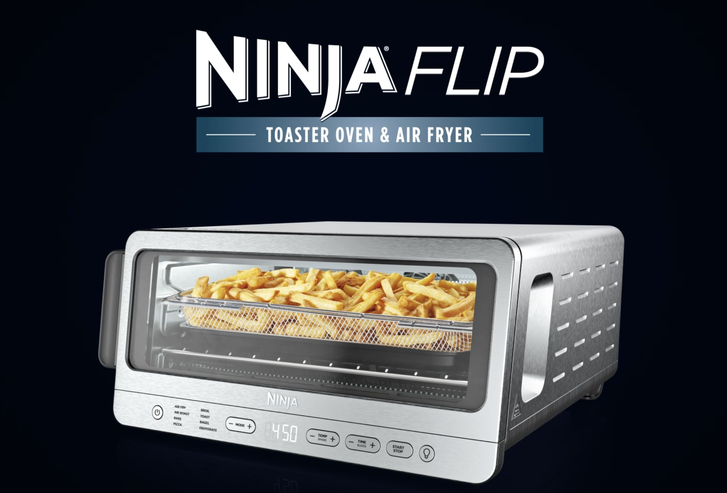 Ninja SP151C Flip Toaster showing horizontal cooking layout and 90-degree upright vertical storage configuration on a kitchen countertop