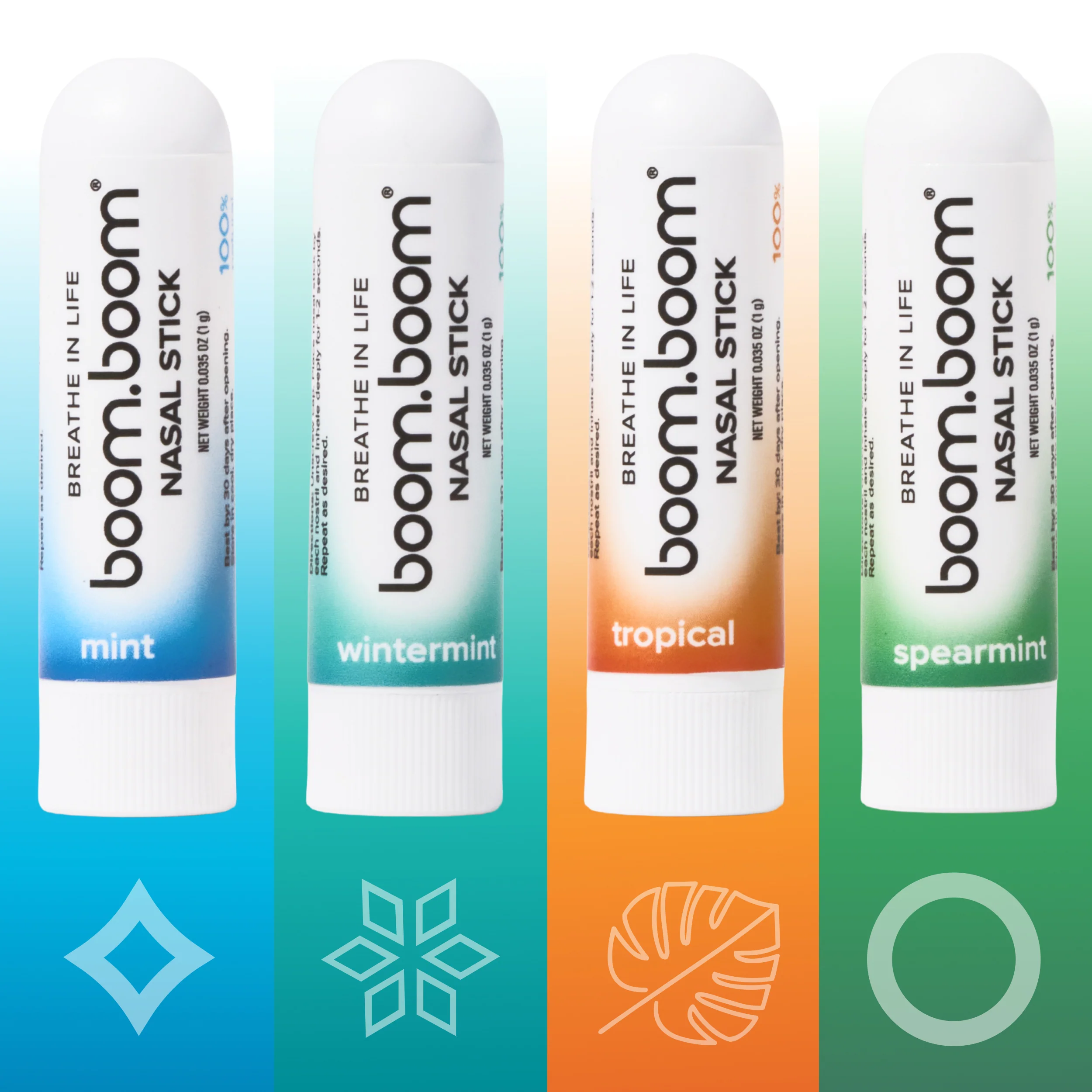 BoomBoom Aromatherapy Nasal Stick packaging featuring essential oil inhalers for refreshing nasal breathing.