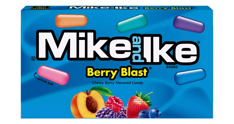 Close up view of individual Mike and Ike Berry Blast chewy candy pieces showing outer glaze