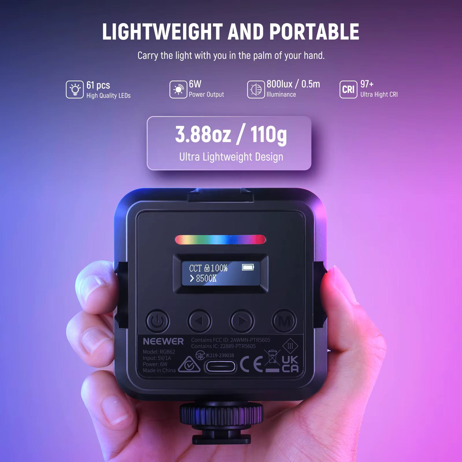 Compact camera-mounted RGB mini light emitting a bright blue glow 
