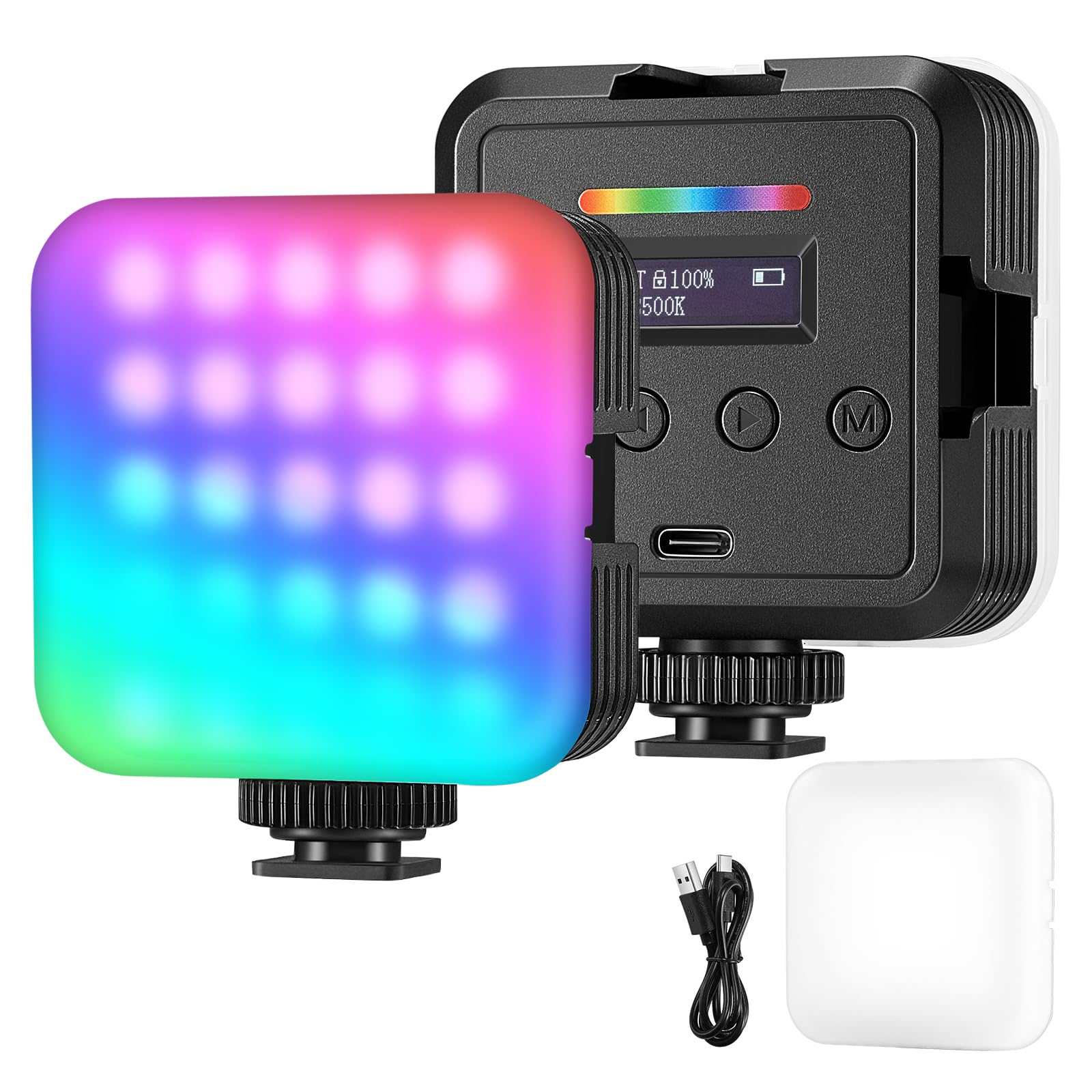 Compact camera-mounted RGB mini light emitting a bright blue glow