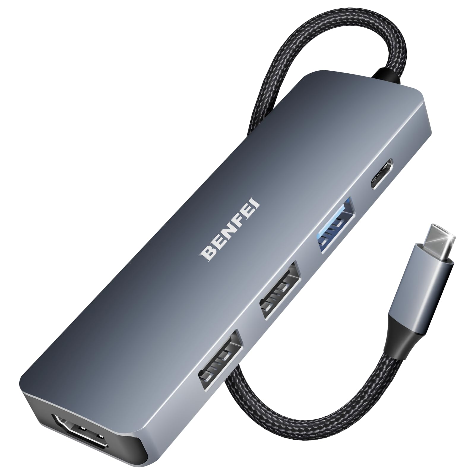 Compact USB-C to HDMI adapter dongle with a male USB-C connector on a short cable and a female HDMI port