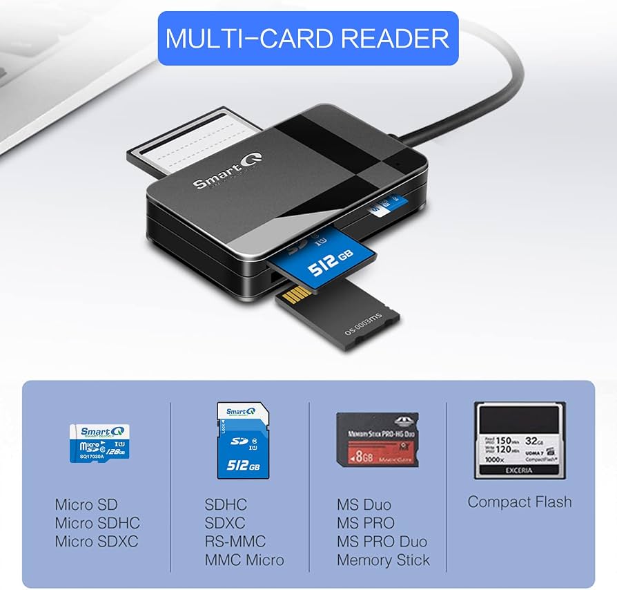 SmartQ C368 USB 3.0 multi-card reader in matte black plastic with connected USB cable