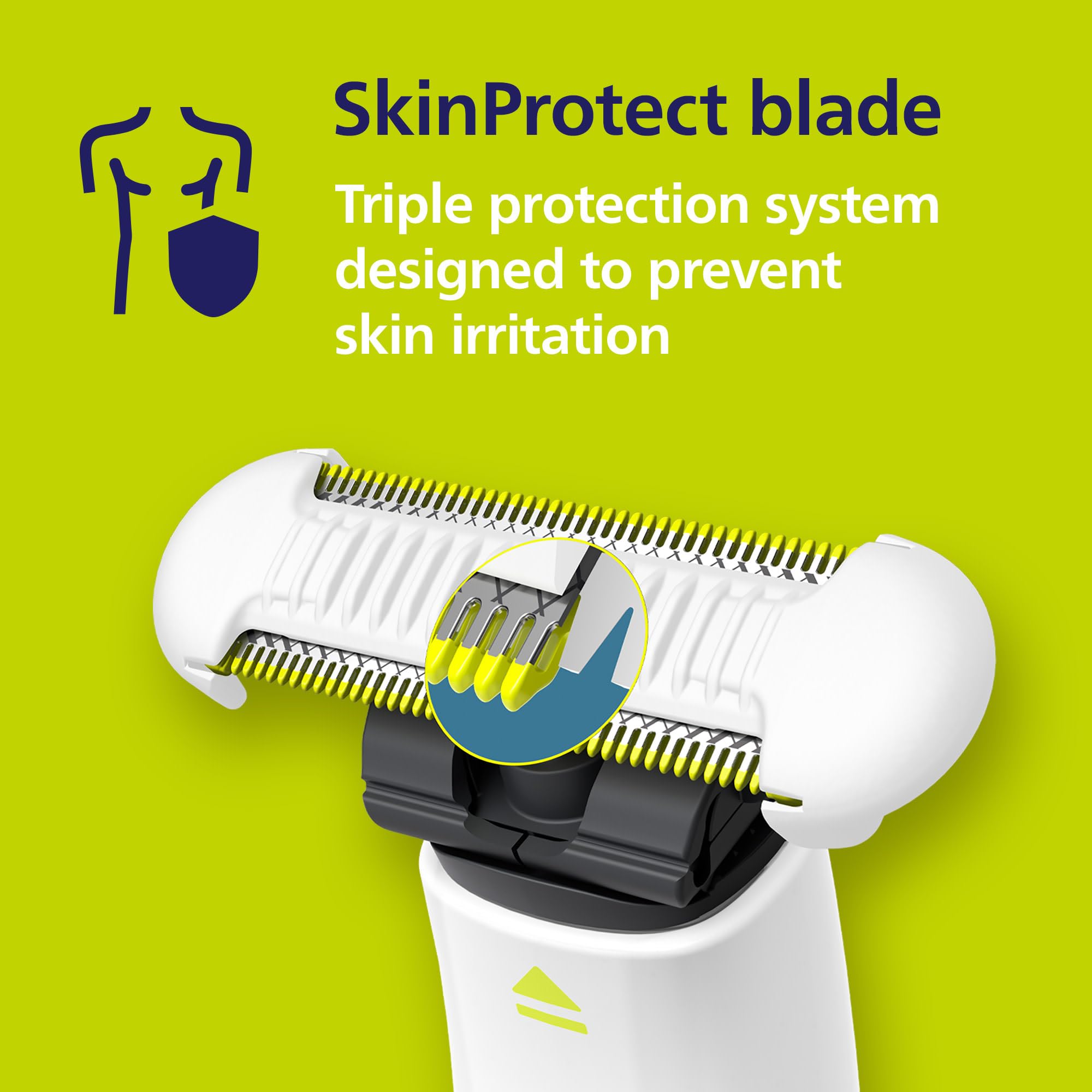 Philips OneBlade Intimate body grooming trimmer showing SkinProtect blade and handle