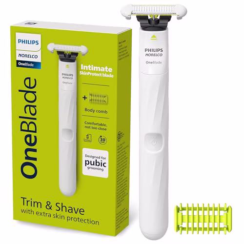 Philips OneBlade Intimate body grooming trimmer showing SkinProtect blade and handle