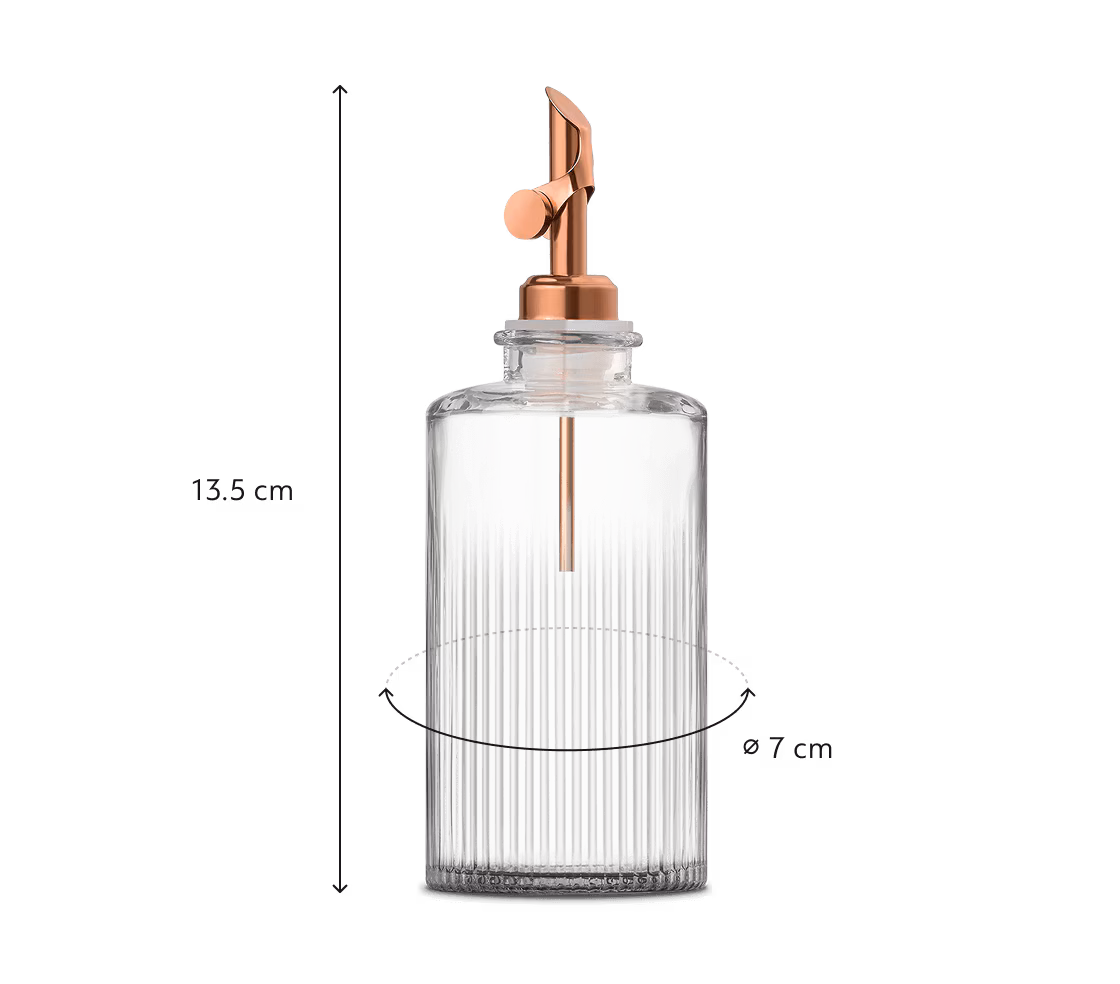 Maison Nespresso ribbed clear glass coffee syrup dispenser bottle with copper metallic pour spout