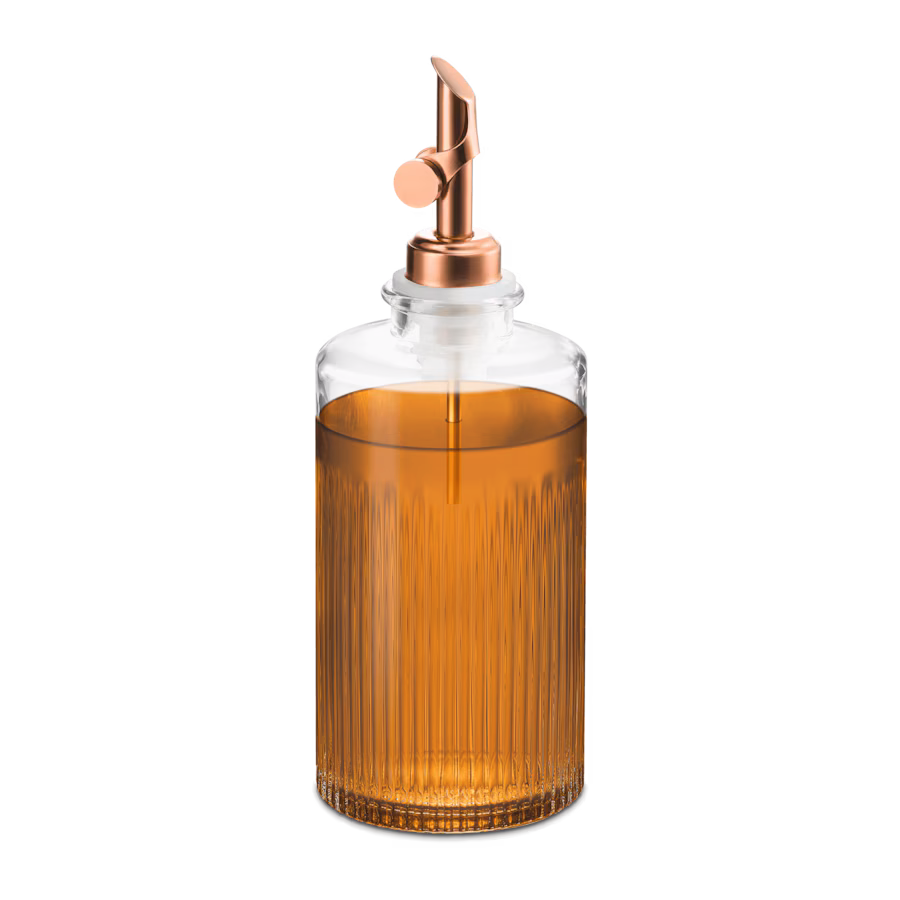 Maison Nespresso ribbed clear glass coffee syrup dispenser bottle with copper metallic pour spout