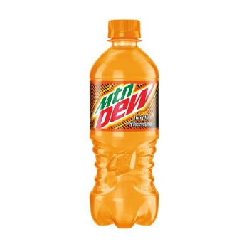 Chilled 12-ounce aluminum can of Mountain Dew LiveWire orange soda covered in condensation drops