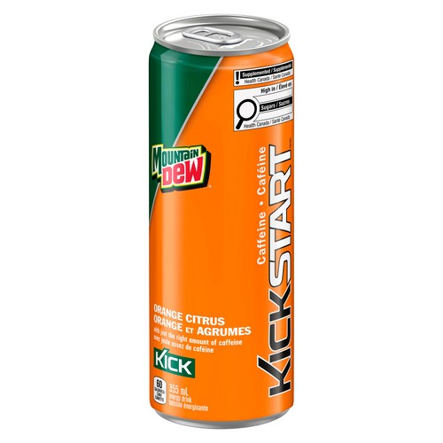 Chilled 12-ounce aluminum can of Mountain Dew LiveWire orange soda covered in condensation drops