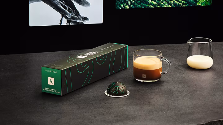 Nespresso Vertuo Samra Origins Togetherness Blend pod sitting beside an extracted double espresso shot with rich crema